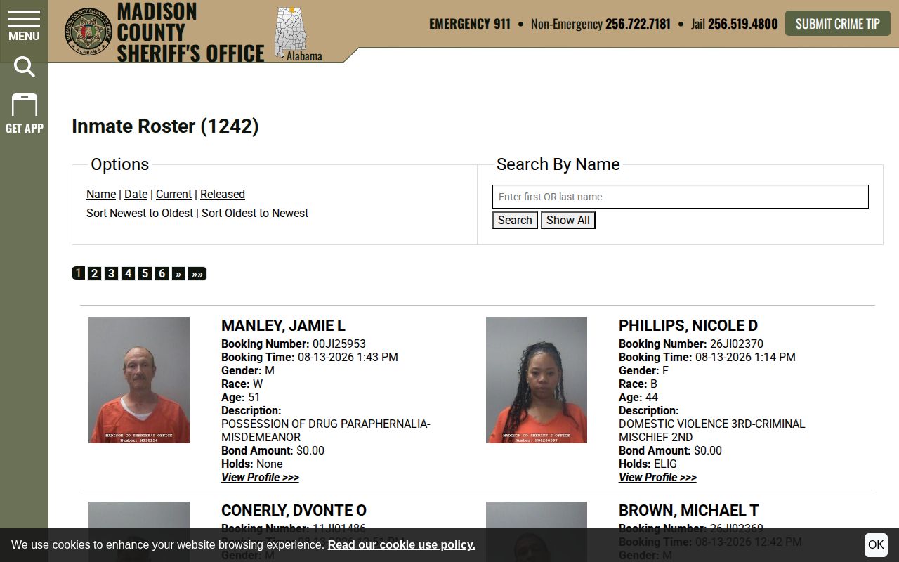 Madison County current-custody booking roster search
