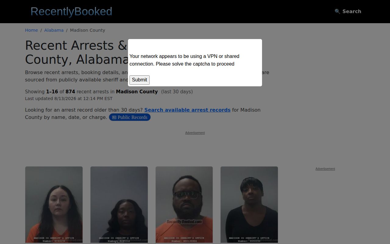 Unofficial Madison County recent booking index interface